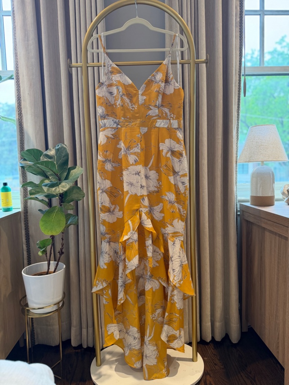LIKE NEW Lulu's Mustard Yellow Floral High-Low Dress - Picture 6 of 8